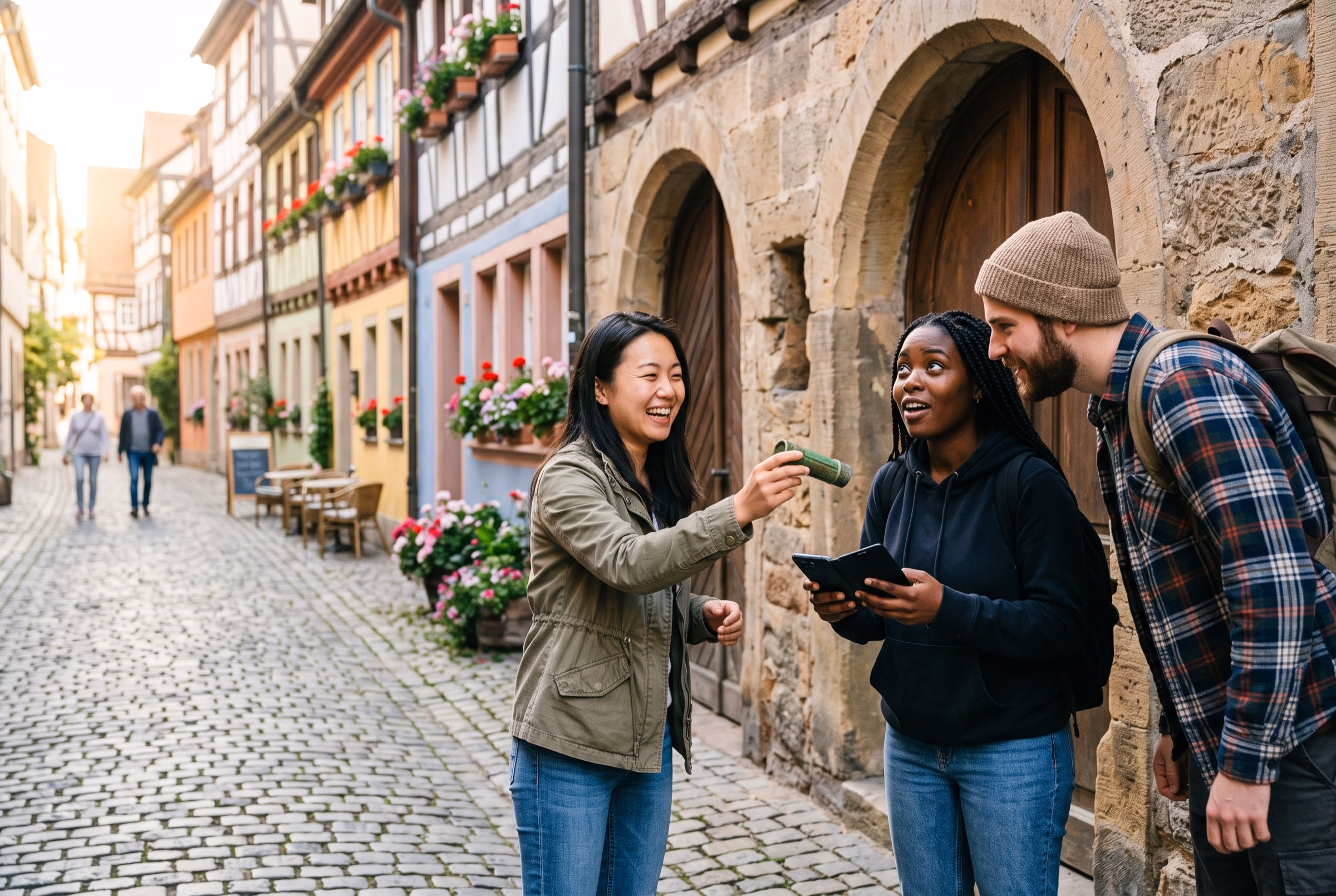 Drei junge Leute auf Städtetour in einer Altstadtgasse mit Fachwerkhäusern, eine Frau hält lachend ein gefundenes Cache-Röhrchen hoch, ihre Begleiterin schaut aufs Smartphone