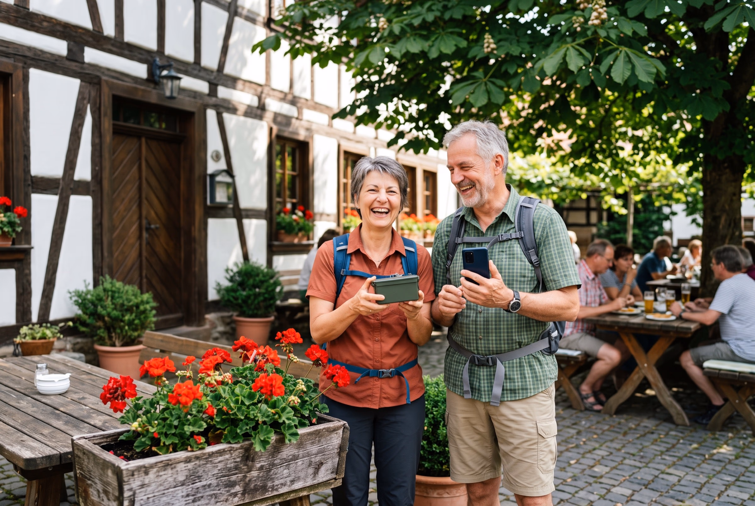 Ein Wanderpaar hat am Blumenkasten vor einem Fachwerk-Gasthaus einen Cache gefunden, dahinter Gäste im Biergarten