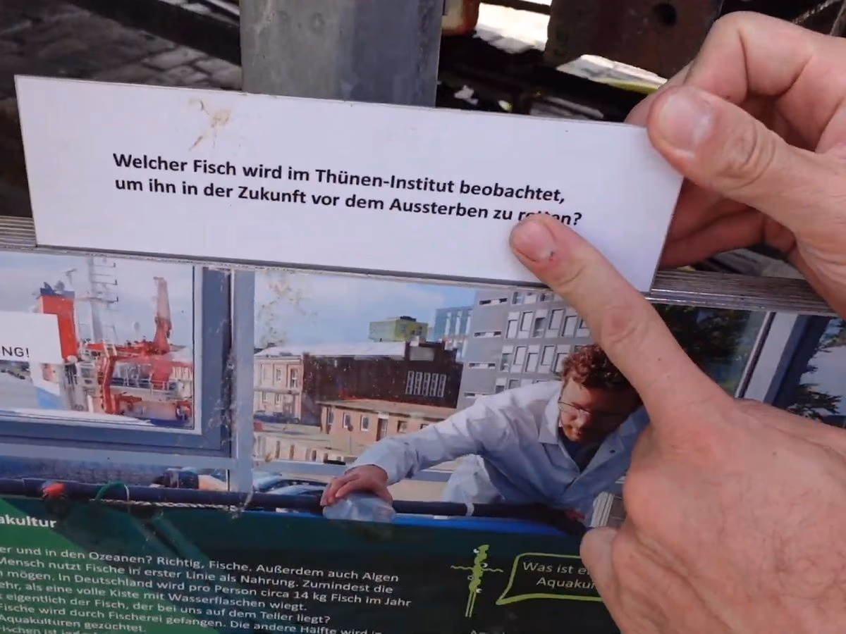 Stationsschild der ZukunftsSchatzsuche in Bremerhaven zur nachhaltigen Aquakultur, eine Hand zieht die Rätselfrage heraus, dahinter der Hafen