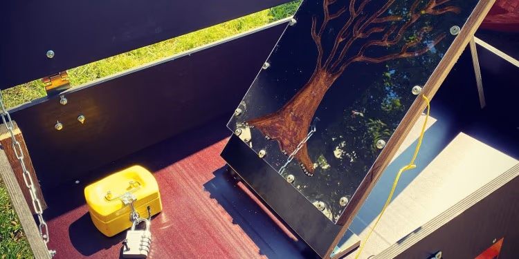 Geöffnete Holzkiste mit Baum-Motiv im Deckel, darin eine gelbe Kassette mit Vorhängeschloss