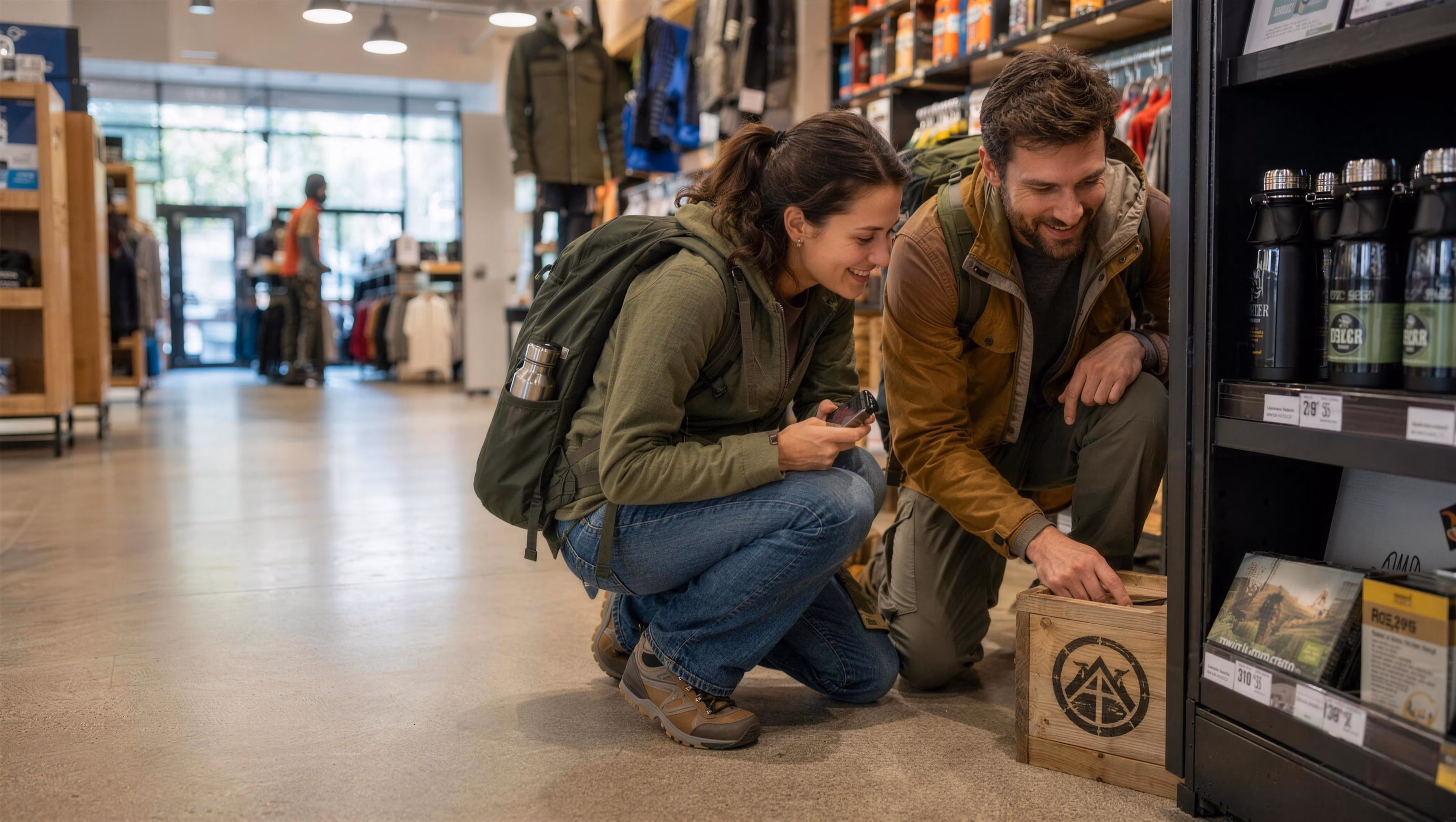 Zwei Geocacher hocken im Verkaufsraum eines Outdoor-Ladens vor einem Regal und öffnen eine hölzerne Cache-Kiste