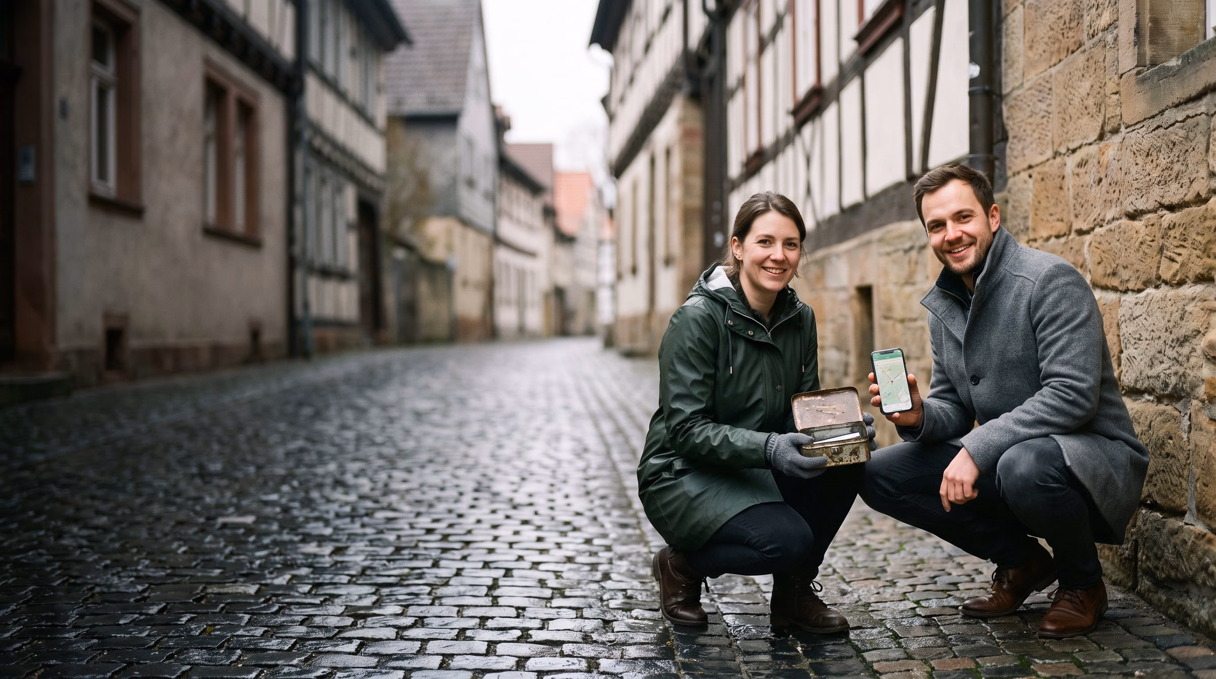 Eine Frau und ein Mann hocken in einer Altstadtgasse an einer Sandsteinmauer, sie hält die gefundene Cache-Box, er das Smartphone mit der Karte