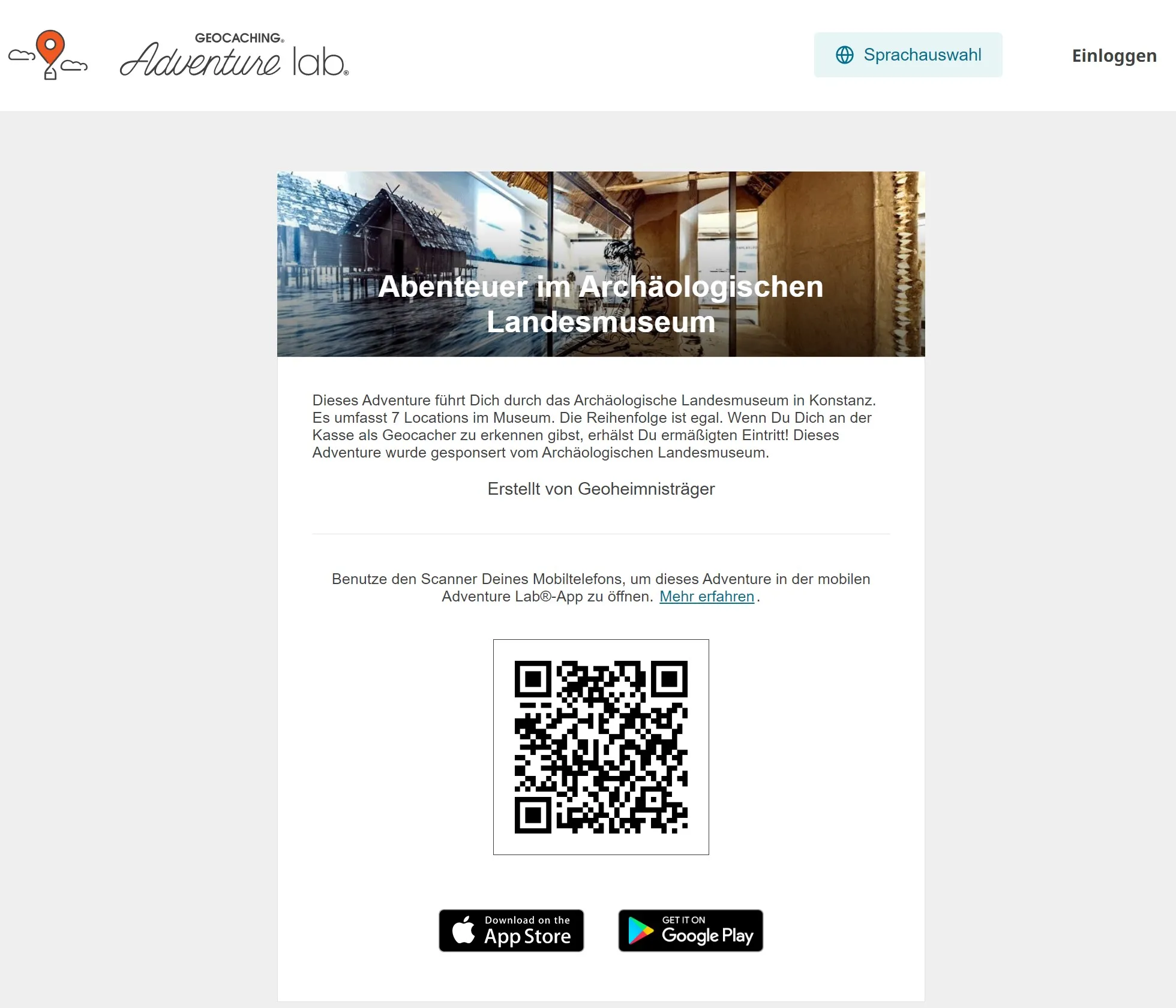 Bildschirmfoto der Adventure-Lab-Seite „Abenteuer im Archäologischen Landesmuseum“ mit Beschreibung und QR-Code