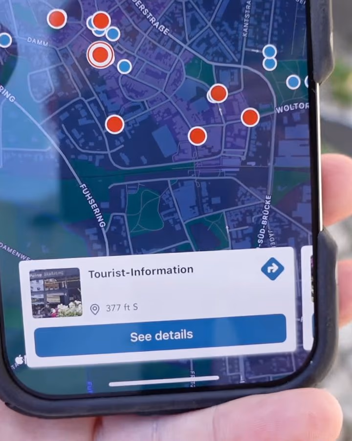 Die Stationen des Peine Code als rote Punkte auf der Karte der Adventure-Lab-App