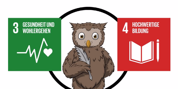Grafik: eine Eule mit Feder zwischen den Symbolen der Nachhaltigkeitsziele 3 „Gesundheit und Wohlergehen“ und 4 „Hochwertige Bildung“