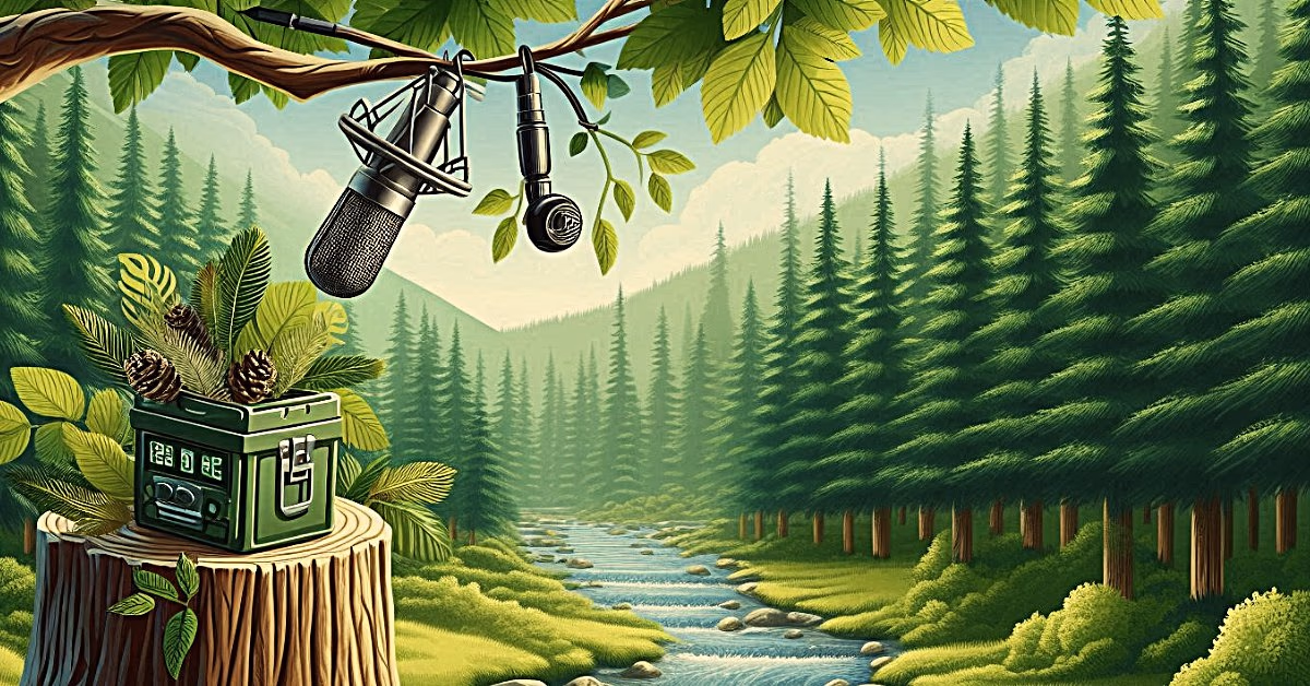 Gezeichneter Wald mit Bach, im Vordergrund ein Mikrofon über einer grünen Kiste auf einem Baumstumpf