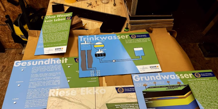 Tafeln eines Lernspiels zu Trinkwasser, Gesundheit und Grundwasser auf einem Holztisch