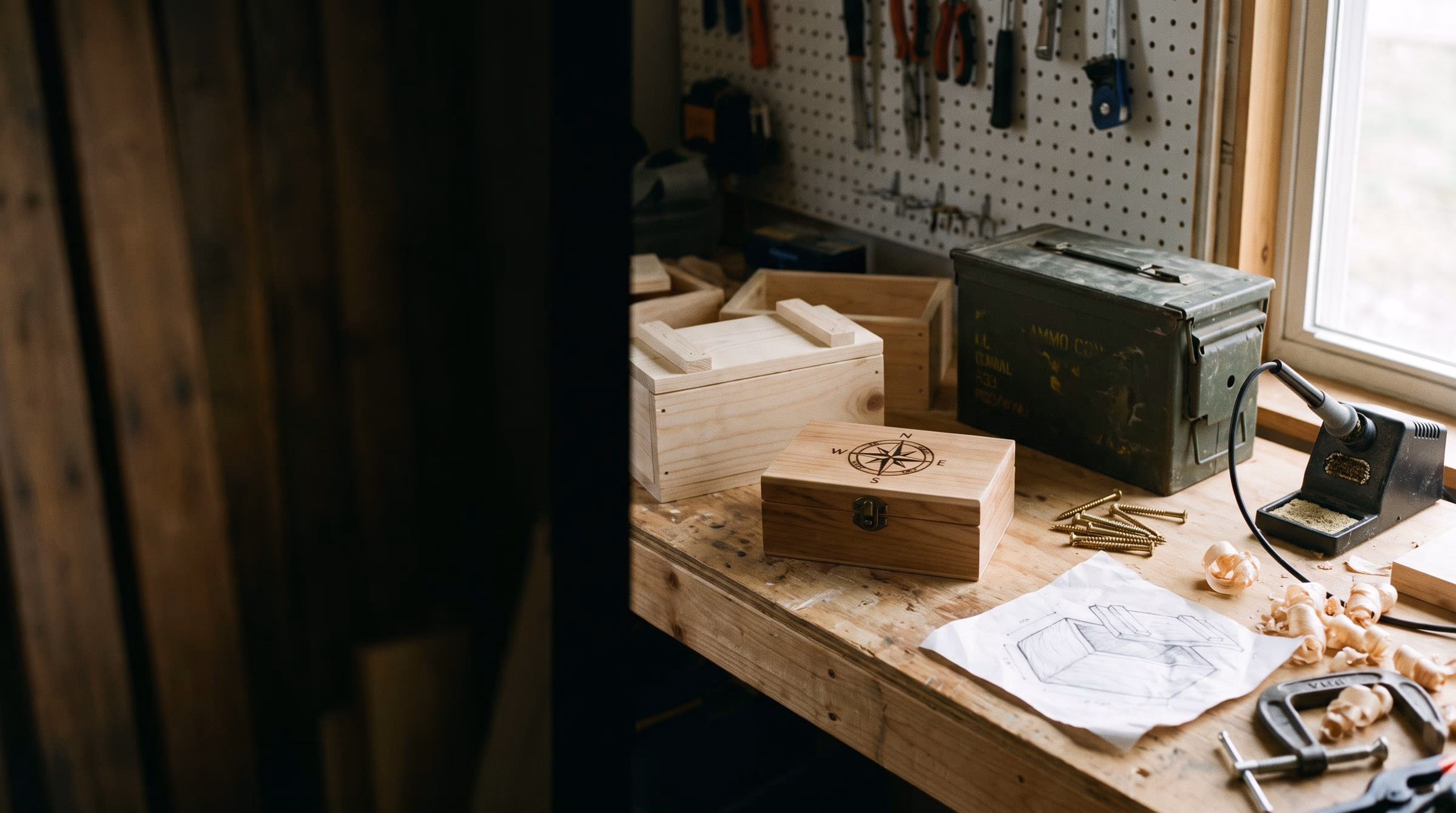 Werkbank mit Geocache-Kisten im Bau: eine Holzkiste mit eingebranntem Kompass, eine grüne Metallbox, Skizze und Werkzeug