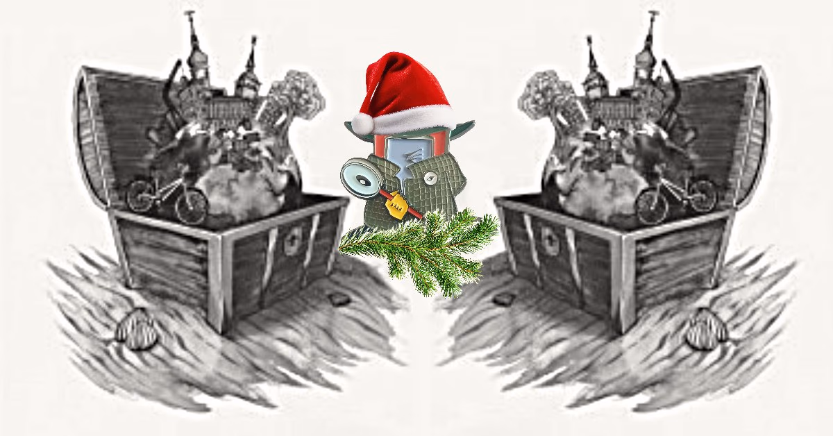 Schwarzweiße Zeichnung zweier offener Schatztruhen, dazwischen eine Geocoin-Figur mit Weihnachtsmütze