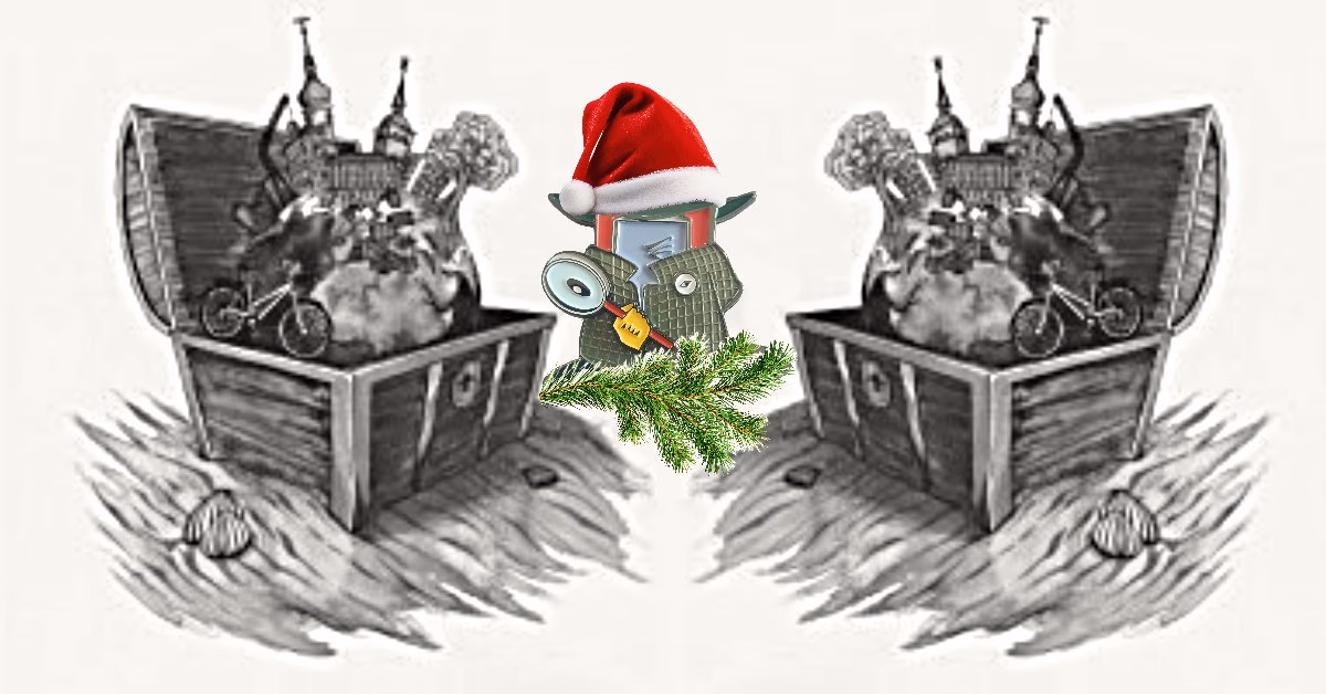 Schwarzweiße Zeichnung zweier offener Schatztruhen, dazwischen eine Geocoin-Figur mit Weihnachtsmütze