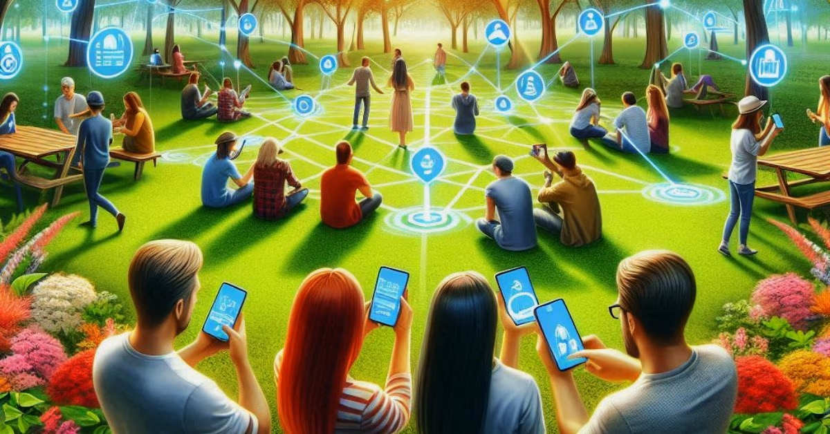 Gezeichnete Szene: Menschen mit Smartphones in einem Park, darüber vernetzte Symbole