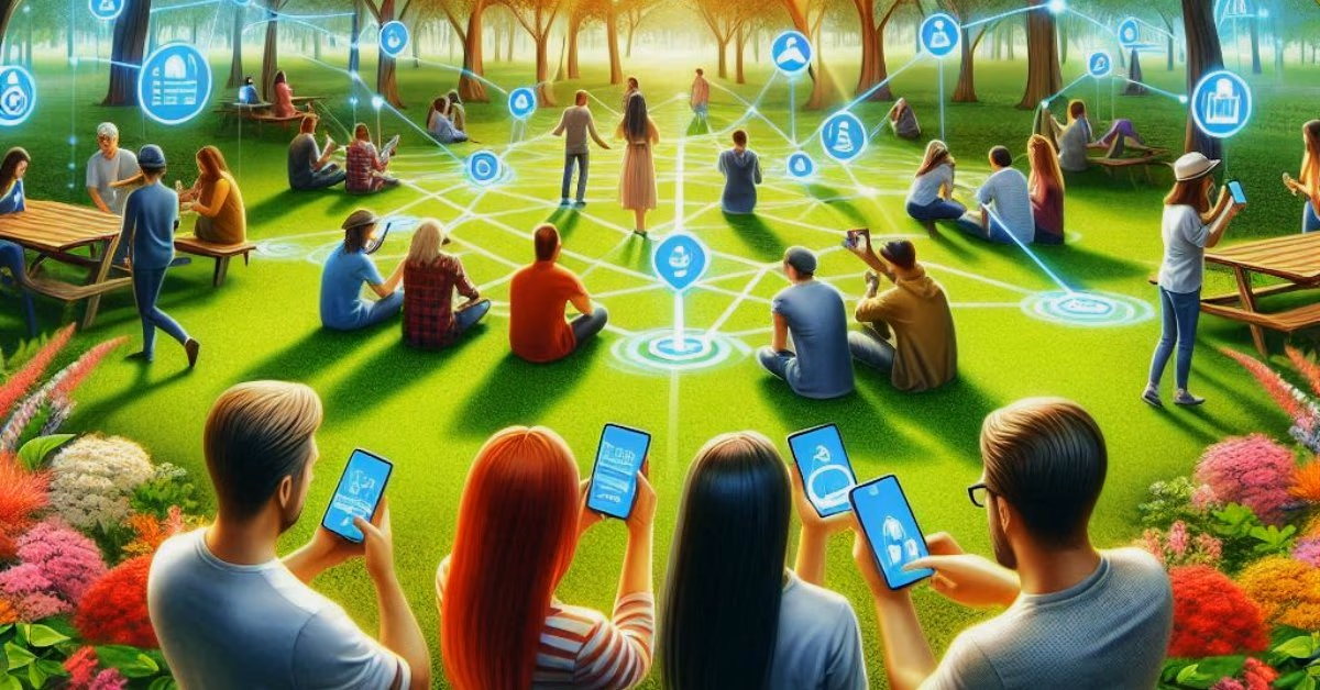 Gezeichnete Szene: Menschen mit Smartphones in einem Park, darüber vernetzte Symbole